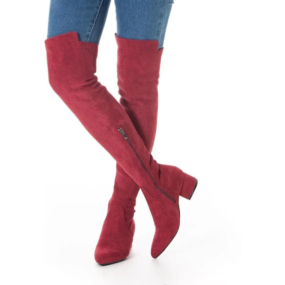 Women's Red Suede High Thigh Low Block Stylish Over-the-Knee Heel Boot